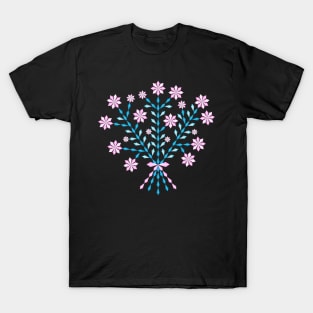 Winter blue flower bouquet with short pink ribbon, version two T-Shirt